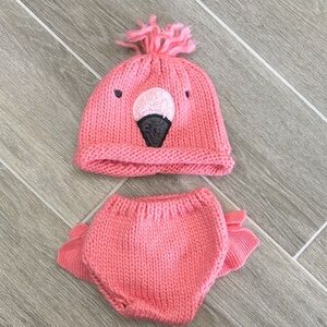 Pink Flamingo Knit Hat and Diaper Cover Set